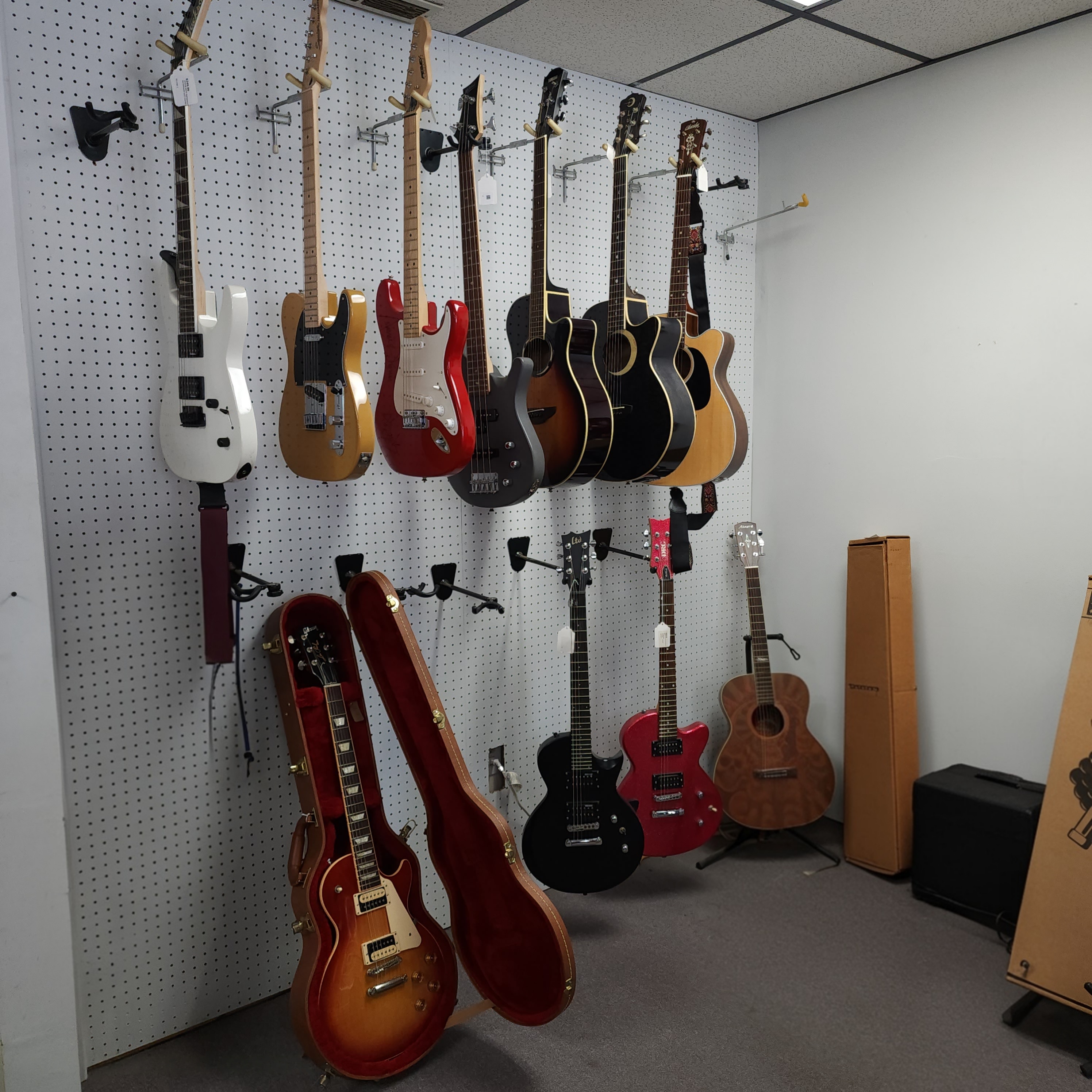 Electric and acoustic guitars on display