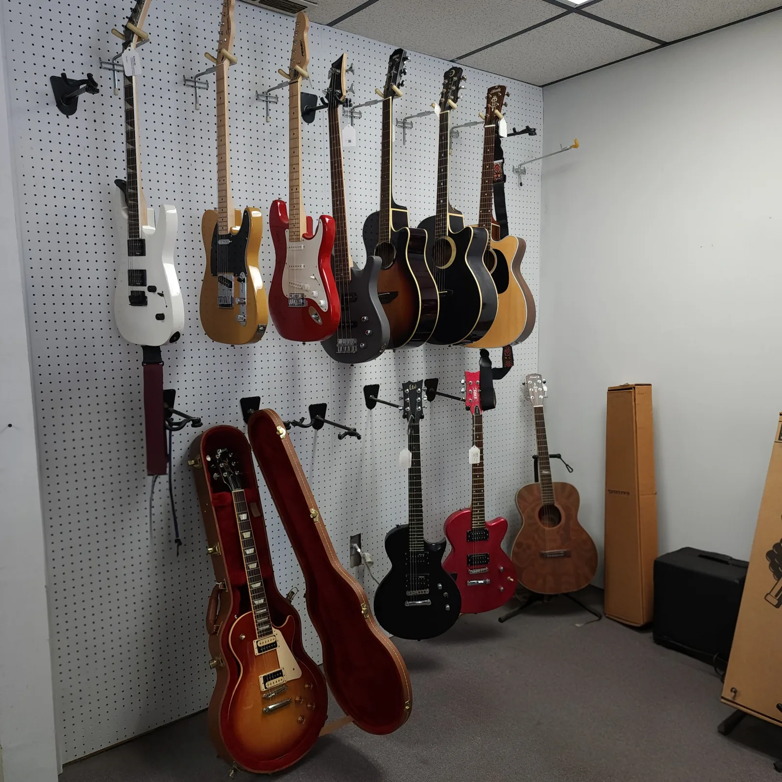 Electric and acoustic guitars on display